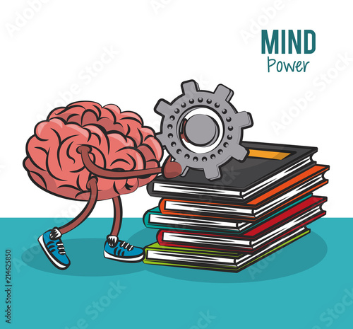 Brain holding a gear on books vector illustration graphic design