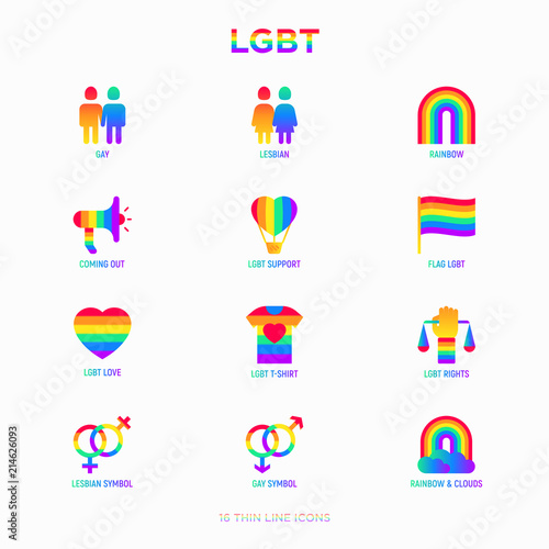 LGBT thin line icons set: gay, lesbian, rainbow, coming out, free love, flag, support, stop homophobia, LGBT rights, pride day. Modern vector illustration.