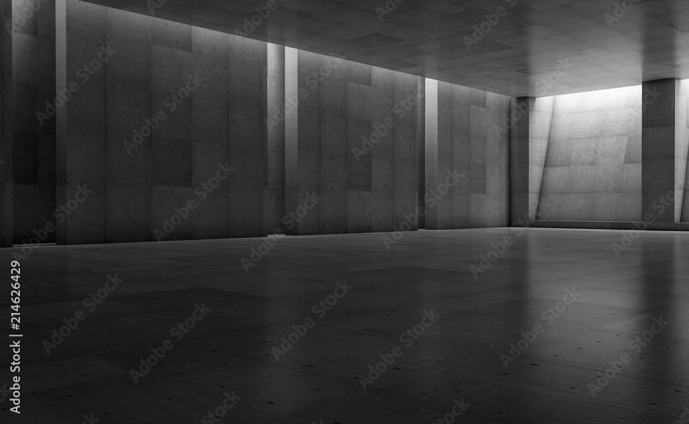 Abstract concrete showroom with columns. Modern geometric design. Gray floor and wall background. 3d rendering - obrazy, fototapety, plakaty 