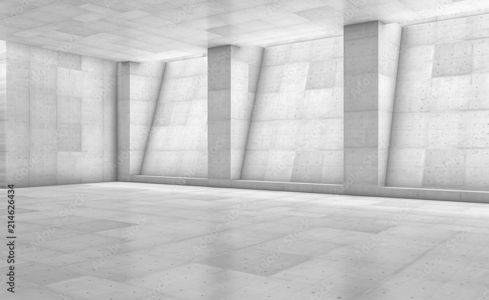 Abstract concrete showroom with columns. Modern geometric design. White floor and wall background. 3d rendering - obrazy, fototapety, plakaty 