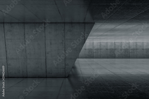 Abstract Empty space with dark wall. Modern blank showroom with floor. Future concept. 3d rendering.