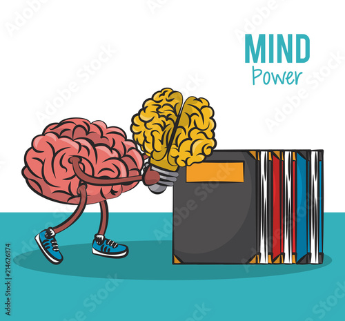 Cute brain cartoon with big idea and books vector illustration graphic design