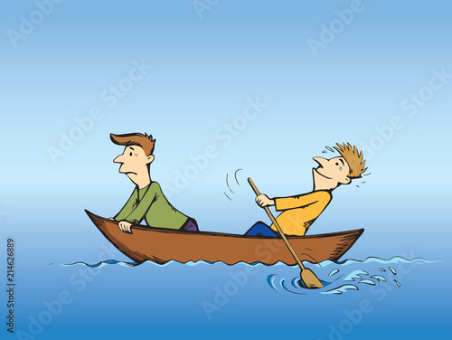 Men are swimming in boat. Vector drawing