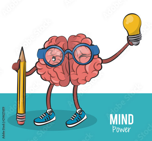 Cute brain cartoon with light bulb and pencil vector illustration graphic design