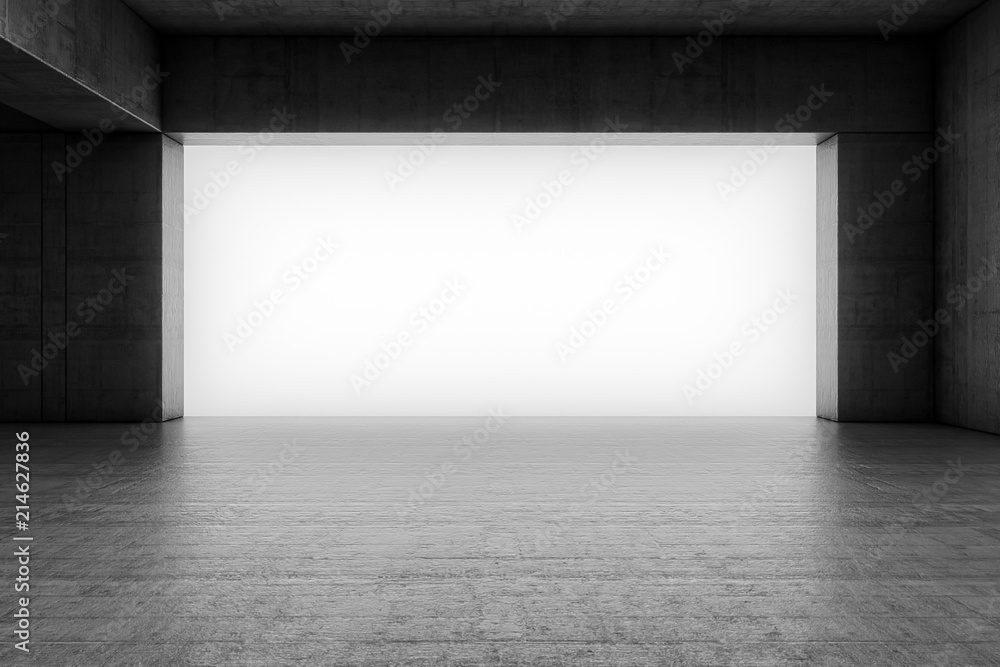 Empty abstract concrete room with the gate and glowing light. Interior concept background. 3d illustration Empty abstract concrete room with the gate and glowing light. Interior concept background. 3d illustration