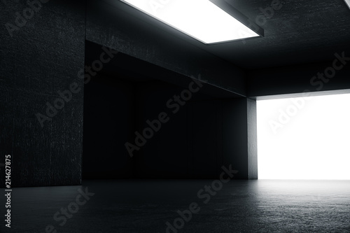 Empty dark abstract concrete room with the gate and glowing light. Interior concept background. 3d illustration