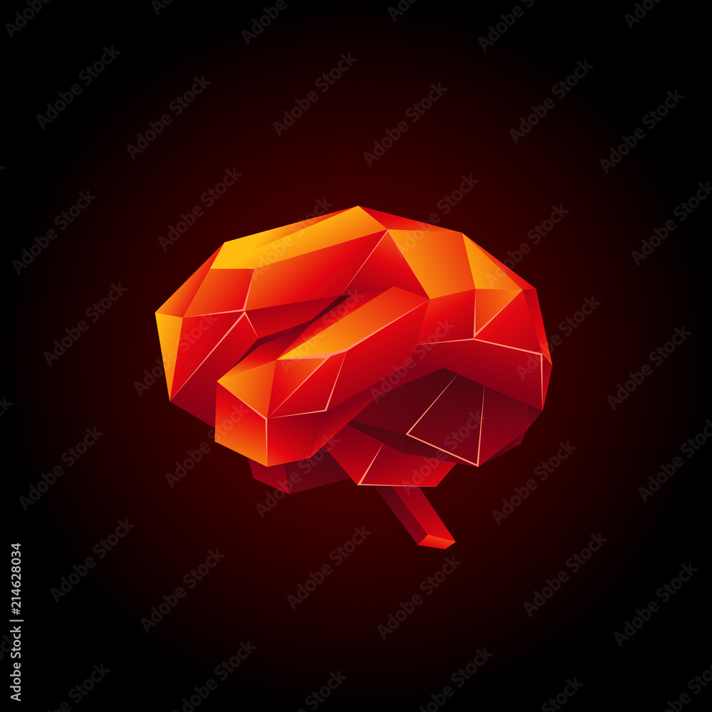 Red low poly human brain on a black background. Abstract anatomy organ. Brain in 3D polygon style. Red low poly human brain on a black background. Abstract anatomy organ. Brain in 3D polygon style.