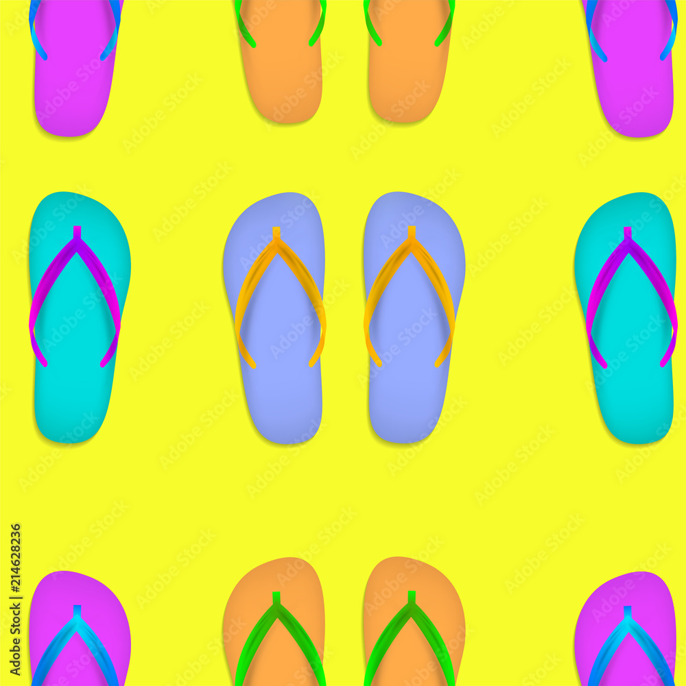 Flip flops vector seamless seaside background. Festive slipper beach footwear to walk on sand beaches, symbol of tropical holidays. Funny sea shoes rubber outfit accessoir pattern. Vacation sandals.