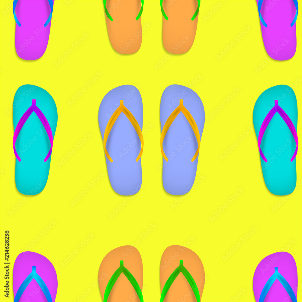 Flip flops vector seamless seaside background. Festive slipper beach footwear to walk on sand beaches, symbol of tropical holidays. Funny sea shoes rubber outfit accessoir pattern. Vacation sandals. Flip flops vector seamless seaside background. Festive slipper beach footwear to walk on sand beaches, symbol of tropical holidays. Funny sea shoes rubber outfit accessoir pattern. Vacation sandals.