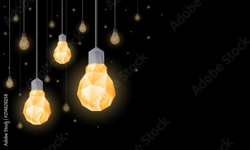 Polygonal light bulbs hanging from the ceiling. Lighting decor with low poly lamps for banner background.