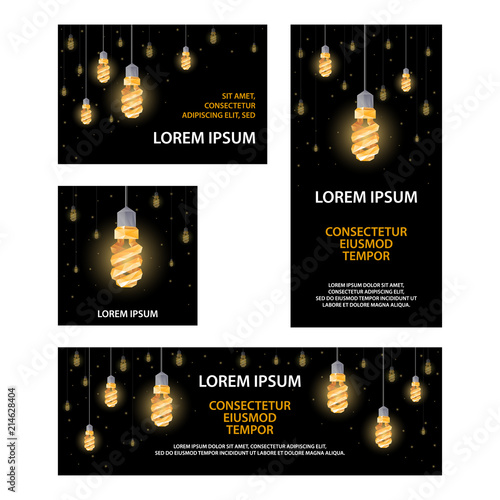Polygonal fluorescent light bulbs banners set. Lighting decor with low poly lamps for banner, cover, flyer, announcement, invitation, background.