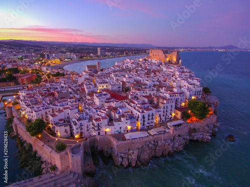 Aerial view in Peñiscola, coastal village of Castellon. Valencia Community,Spain