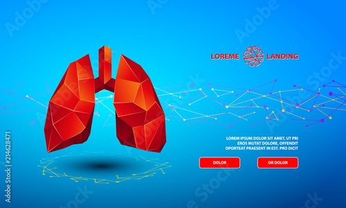 Technology Landing Page Template. Polygonal banner with a red low poly lungs on a blue background.