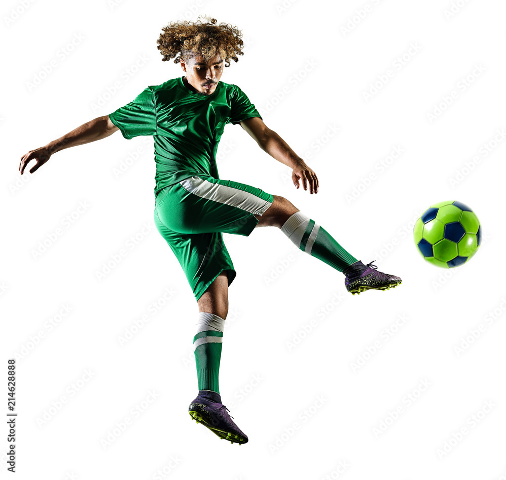 Fototapeta premium one mixed race young teenager soccer player man playing in silhouette isolated on white background