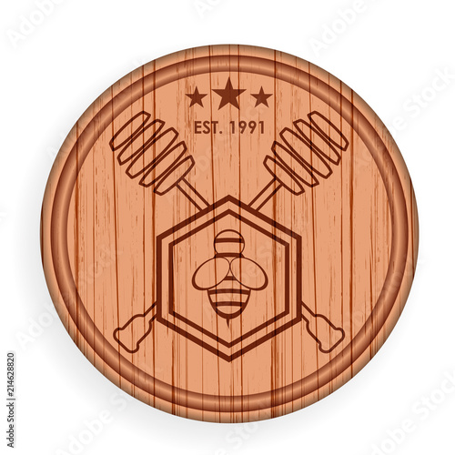 Round wooden signboard. Honey elements template for logo label. Vector illustration.