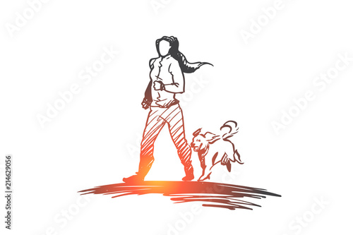 Morning jogging, walking, exercise, woman, activity concept. Hand drawn isolated vector.
