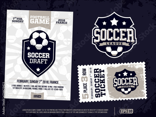 modern professional sports design poster and ticket and emblem for soccer tournament