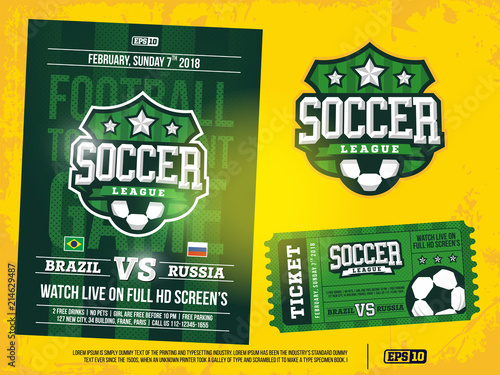 modern professional sports design poster and ticket and emblem for soccer tournament