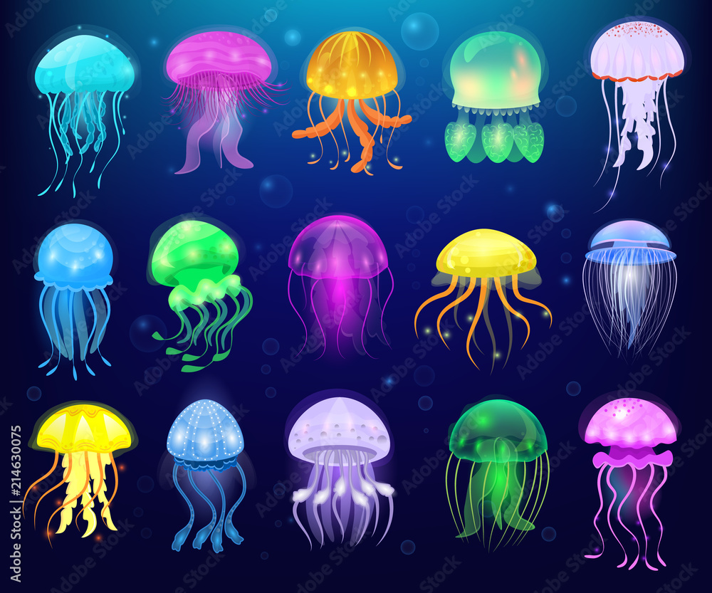Naklejka premium Meduza wektor galaretka oceaniczna lub galaretka morska i podwodna pokrzywa lub meduza ilustracja zestaw egzotycznych galaretowatych świecących meduzy lub ryb w morzu na białym tle na tle