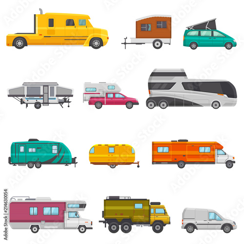 Caravan vector camping trailer and rv caravanning vehicle for traveling or journey illustration transportable set of camp van or tourism transport isolated on white background