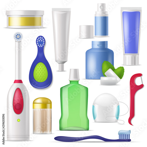 Dental hygiene vector toothbrush and toothpaste with mouthwash for cleaning teeth illustration dentistry set of dental-floss or toothpick isolated on white background