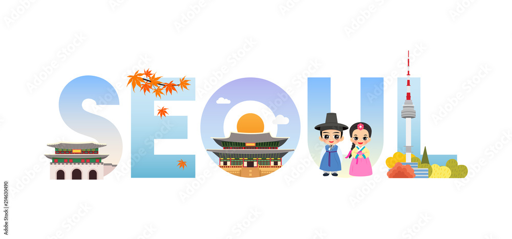 Seoul banner vector illustration. Beautiful attractions of Seoul inside text. Travel Korea concept. Seoul banner vector illustration. Beautiful attractions of Seoul inside text. Travel Korea concept.