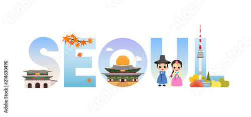 Seoul banner vector illustration. Beautiful attractions of Seoul inside text. Travel Korea concept.