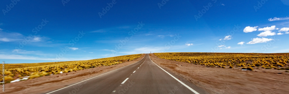 Endlose Straße führt durch Steppe bis über den blauen Horizont in der Atacama-Wüste - Endless road leads through steppe to over the blue horizon in the Atacama Desert 