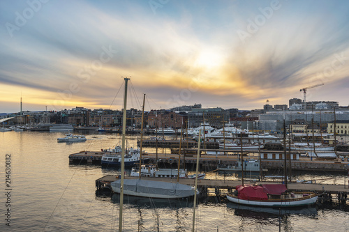 Photography Oslo sunset city skyline at Oslo Harbour, Oslo Norway