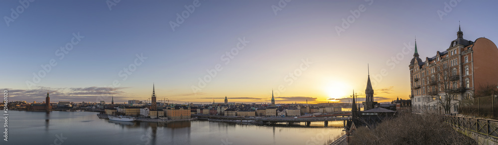 Stockholm sunrise city skyline panorama at Gamla Stan and Slussen, Stockholm Sweden