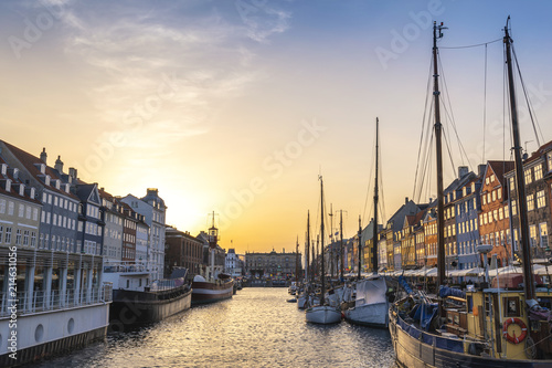 Photography Copenhagen sunset city skyline at Nyhavn harbour, Copenhagen Denmark