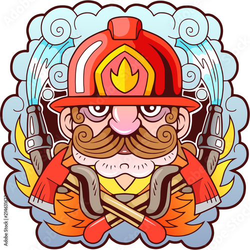 cartoon mustache fireman, design, funny illustration, emblem
