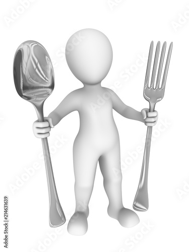 3d man with big fork and spoon. 3d illustration.