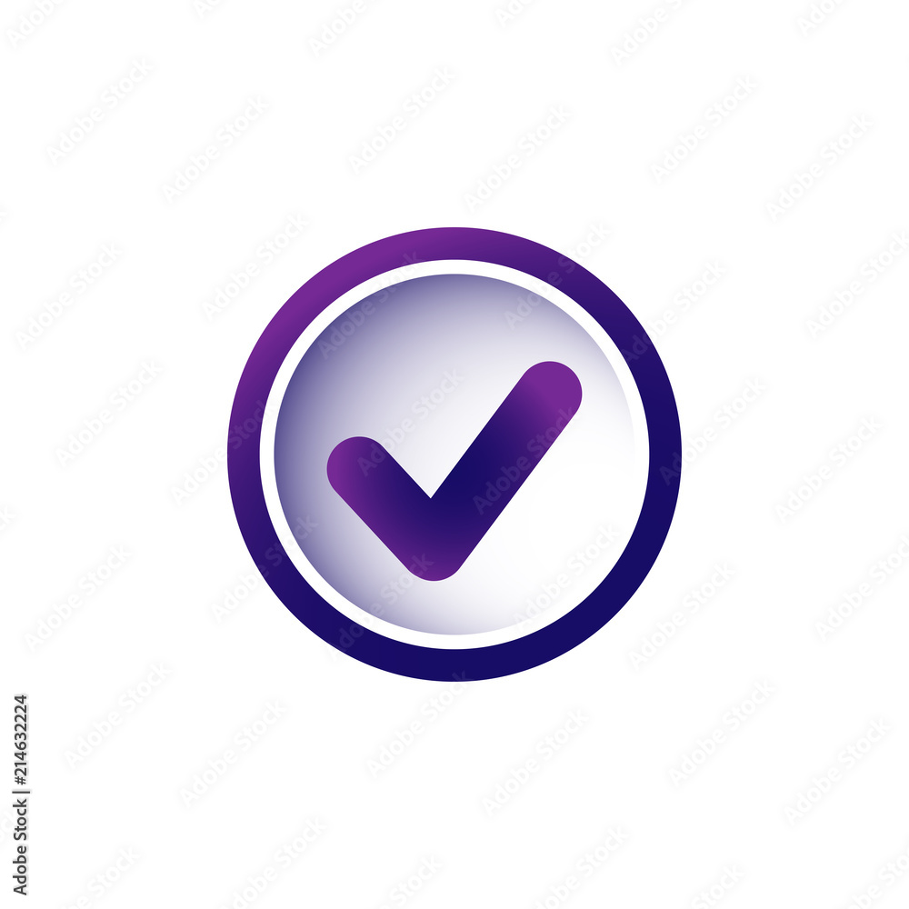 Valid Seal icon. Violet and purple tick in purple circle. Flat OK sticker icon. Isolated on white. Accept button. Valid Seal icon. Violet and purple tick in purple circle. Flat OK sticker icon. Isolated on white. Accept button.