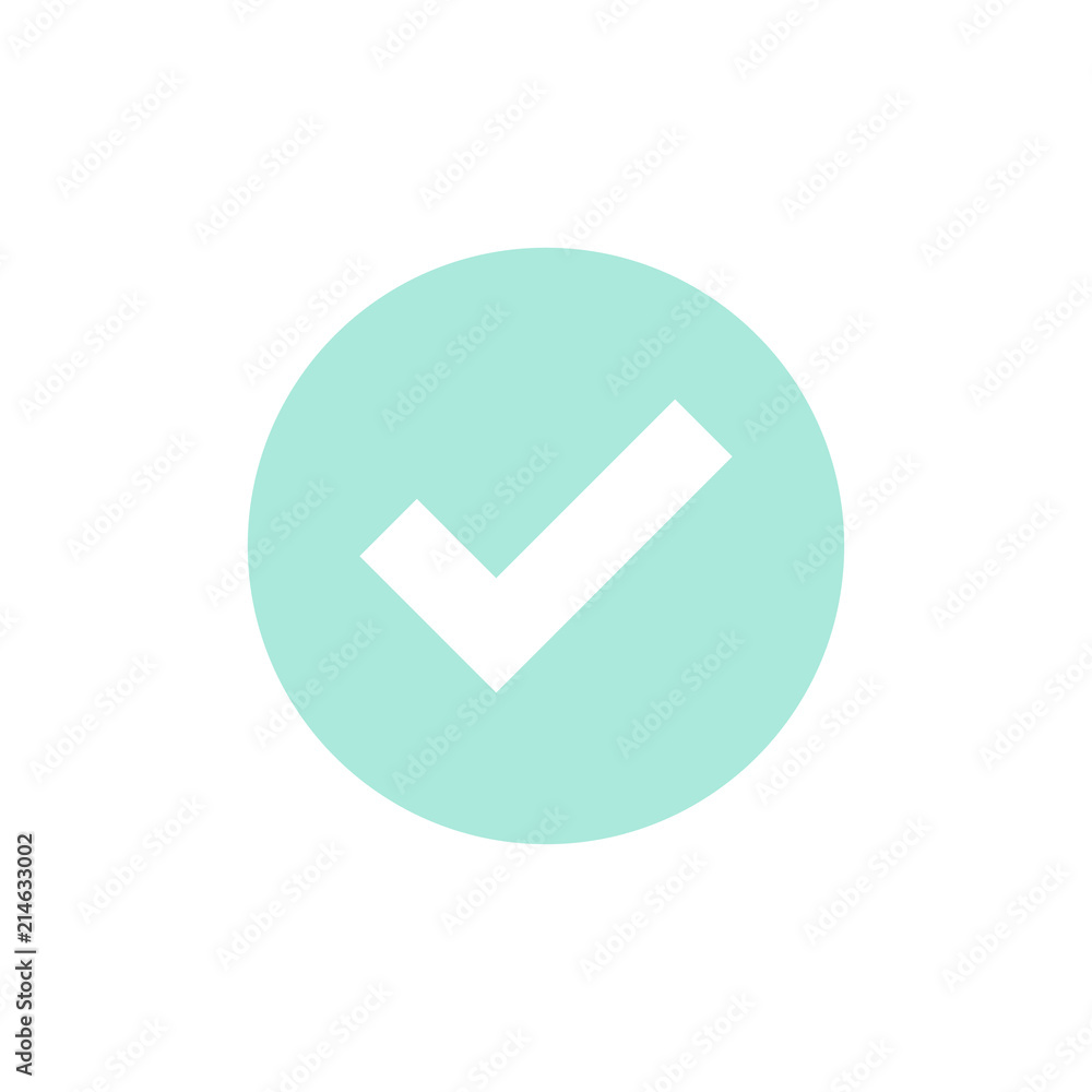Check Mark. Valid Seal icon. white squared tick in light blue circle. Flat OK sticker icon. Isolated on white. Check Mark. Valid Seal icon. white squared tick in light blue circle. Flat OK sticker icon. Isolated on white.