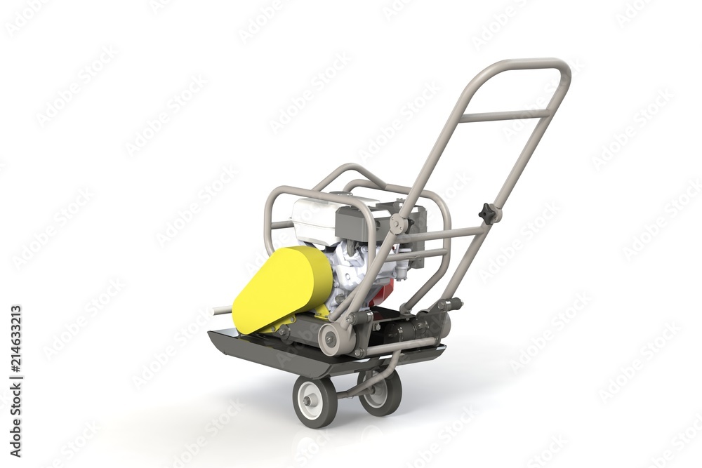 3D modeling of a construction vibration plate with a two-stroke internal combustion engine. 3D modeling of a construction vibration plate with a two-stroke internal combustion engine.