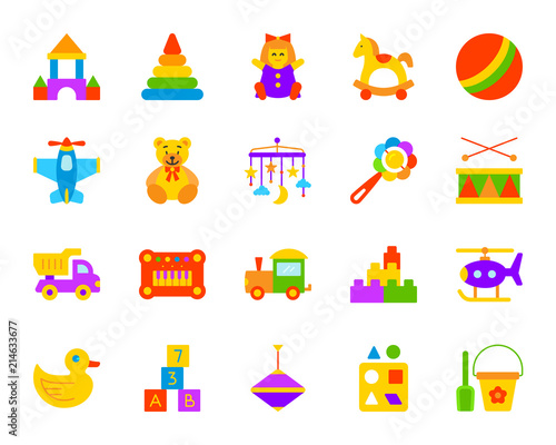 Baby toy simple flat color icons vector set