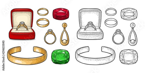 Set jewelry. Vintage color vector engraving illustration