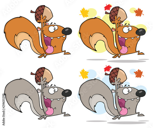 Squirrel Cartoon Mascot Character Running With Acorn. Vector Collection Isolated On White Background