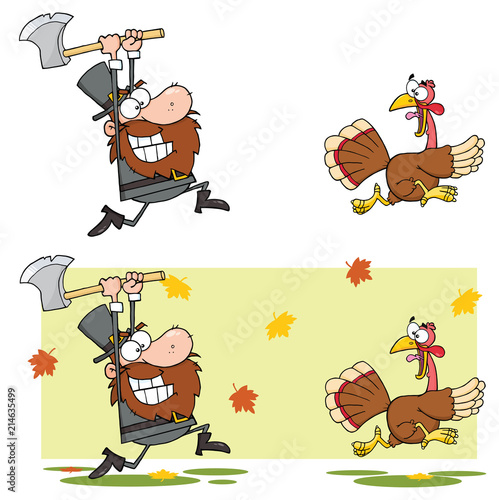 Angry Pilgrim Man Chasing With Axe A Turkey. Vector Collection Isolated On White Background