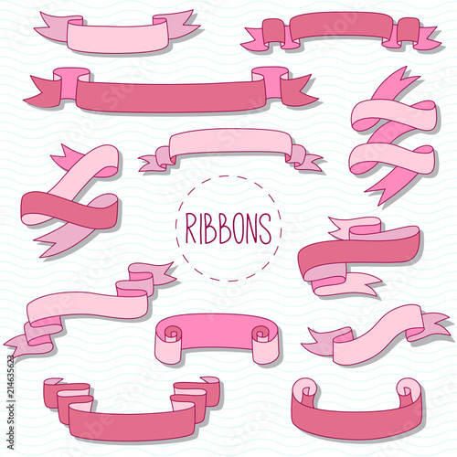 Pink doodle ribbons vector set