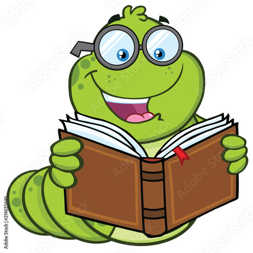 Book Worm Cartoon Mascot Character With Glasses Reading A Book. Vector Illustration Isolated On White Background
