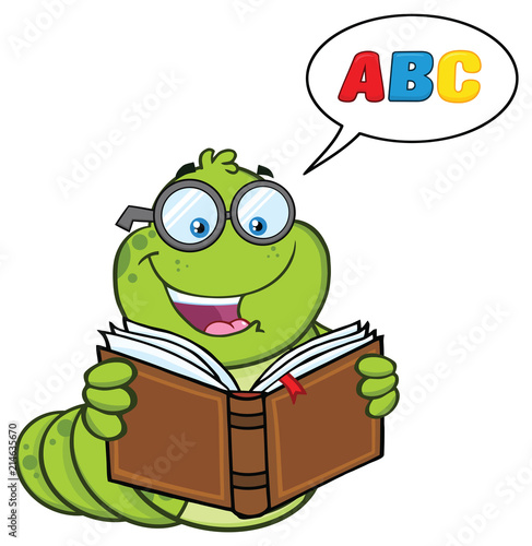 Book Worm Cartoon Mascot Character With Glasses Reading A Book. Vector Illustration Isolated On White Background With Speech Bubble
