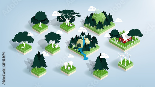 Graphic design vector of green ecology elements, renewable energy and background, environment friendly concept in isometric style, illustration vector of forest, water and city