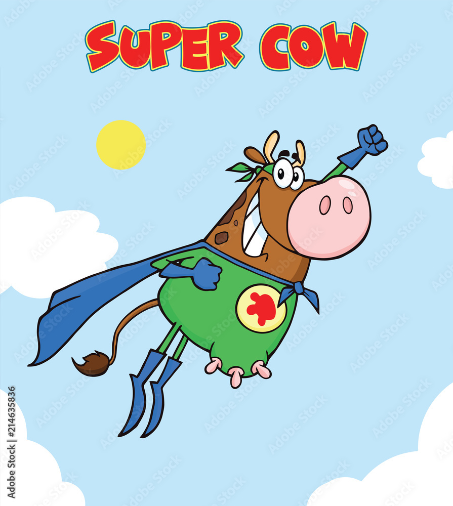 Brown Super Hero Cow Cartoon Mascot Character Flying. Vector Illustration With Background And Text Brown Super Hero Cow Cartoon Mascot Character Flying. Vector Illustration With Background And Text