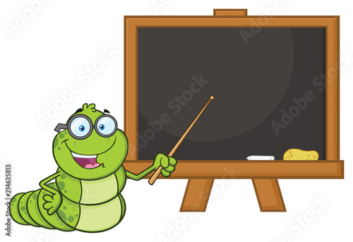 Book Worm Teacher Cartoon Character With Glasses Pointing To A Chalkboard. Vector Illustration Isolated On White Background
