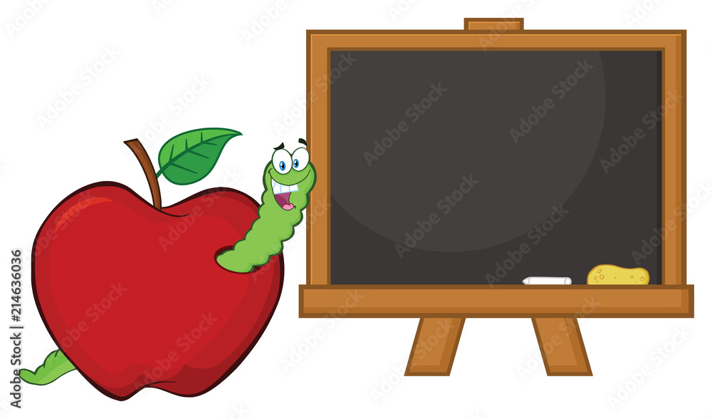 Happy Worm Cartoon Mascot Character In A Red Apple With A School Chalk ...