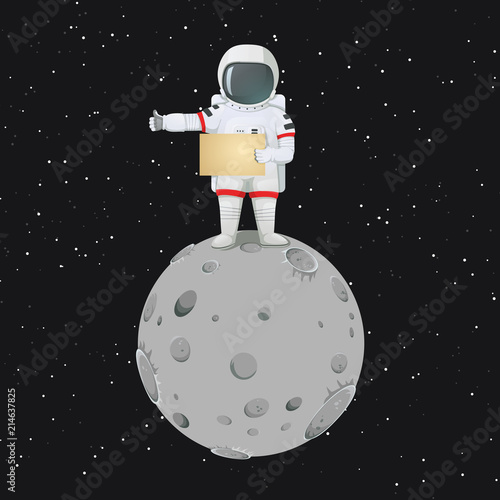 Astronaut standing on the moon holding a blank sign and making hitchhiker's gesture.
