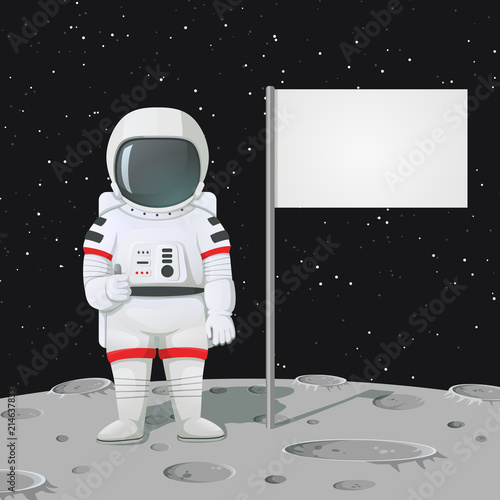 Astronaut giving thumbs up on the moon surface with blank flag, sign.