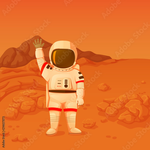 Astronaut standing on the mars surface waving hand in a welcoming gesture.